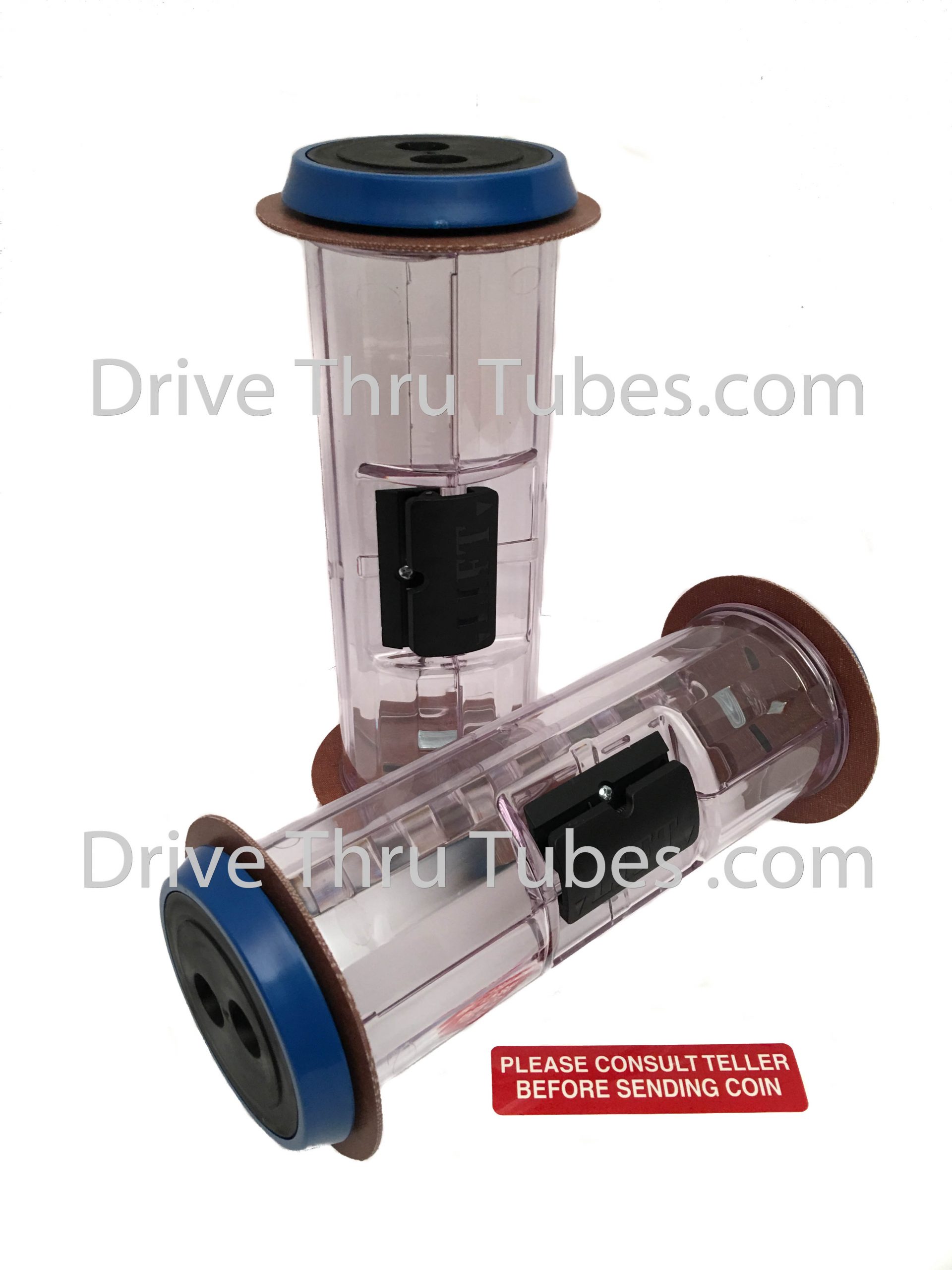 S501T, Straight Body Banking Drive Thru Carrier Clear With Blue Ends.