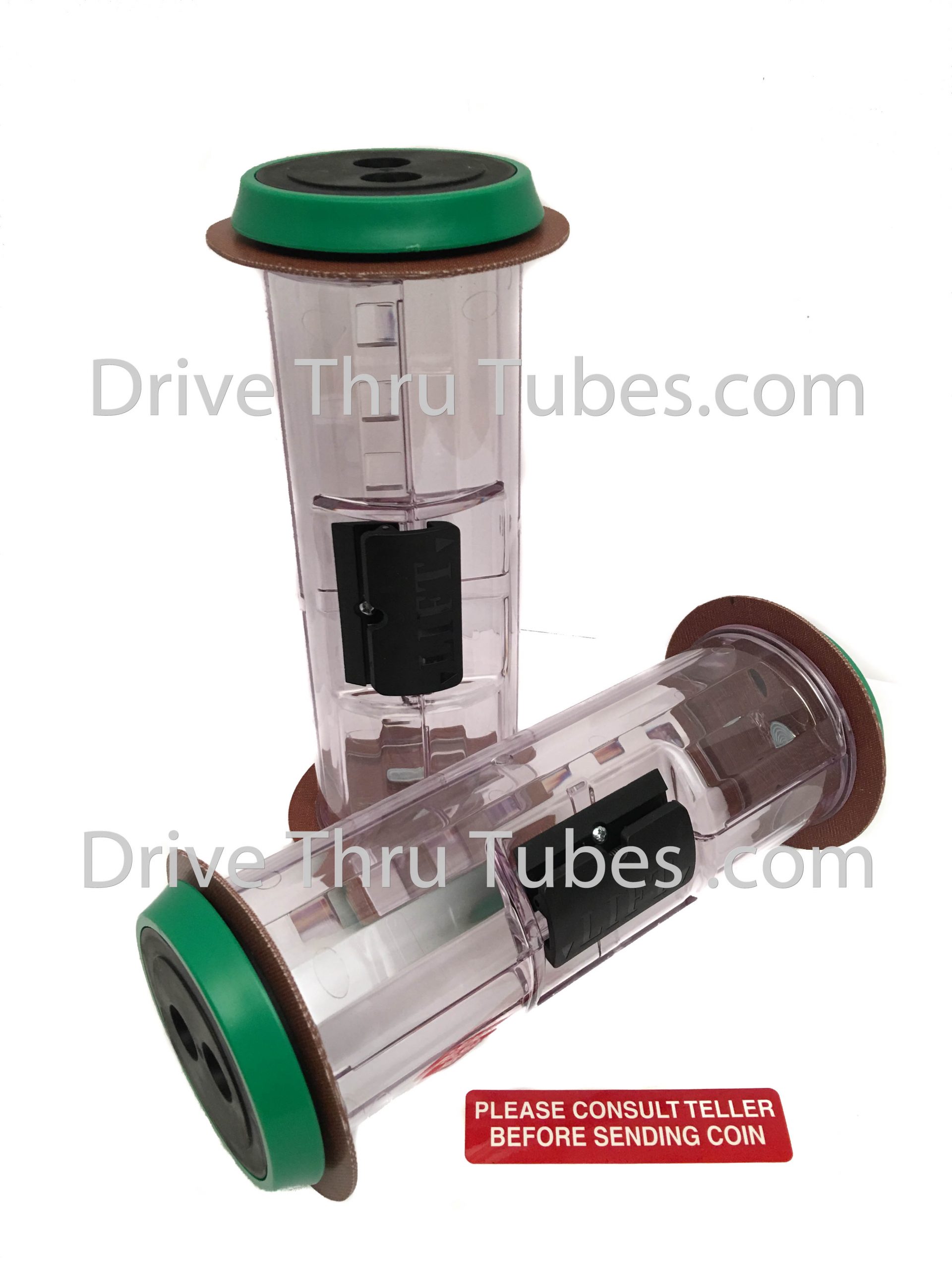 S504T, Straight Body Banking Drive Thru Carrier Clear With Green Ends.